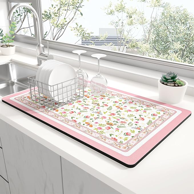 Rnivvi Dish Drying Mat for Kitchen Counter, XL 15 x 24" Cute Flower Theme by Rnivvi