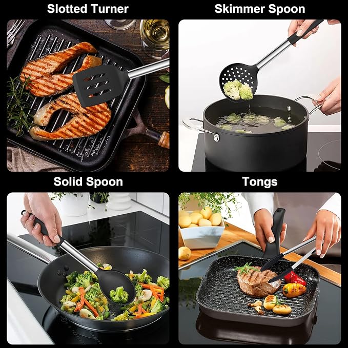 E-far Silicone Cooking Utensils Set, Slotted Turner, Soup Ladle, Pasta Server - Image 4