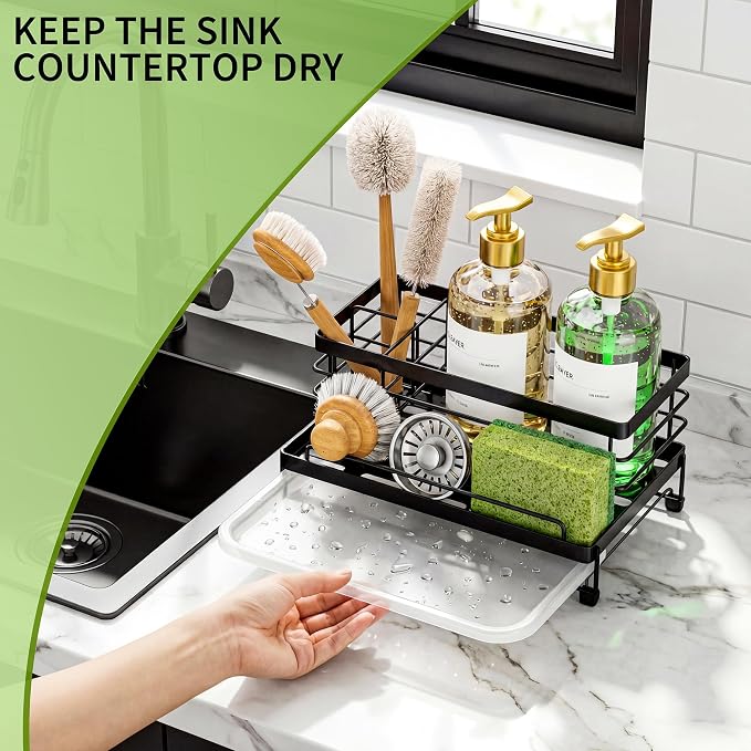 Cisily Black Sponge Holder for Kitchen, Sink Caddy Sink Organizer Rack for - Image 4