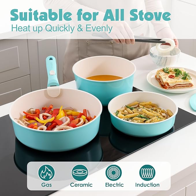 SENSARTE 17 Piece Ceramic Pots and Pans Set, Nonstick Detachable Handle Cookware - Image 6