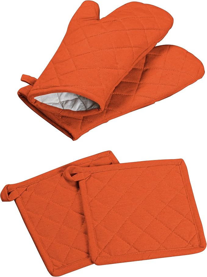 Oven Mitt & Pot Holder 100% Cotton Set of Heat Resistant Oven Gloves & Hot Pads by SoftopiaCotton