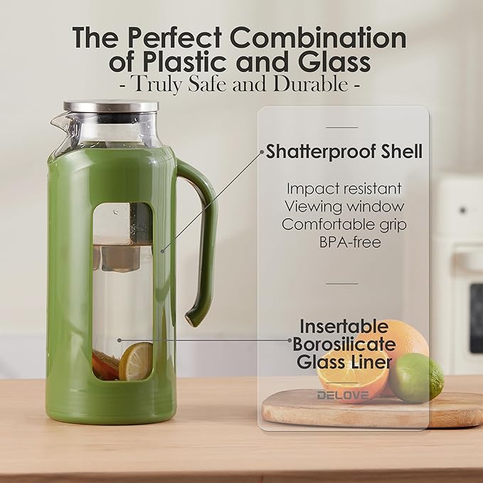 Delove Glass Pitcher with Lid & Shatterproof Shell – Heat-Resistant - Image 2
