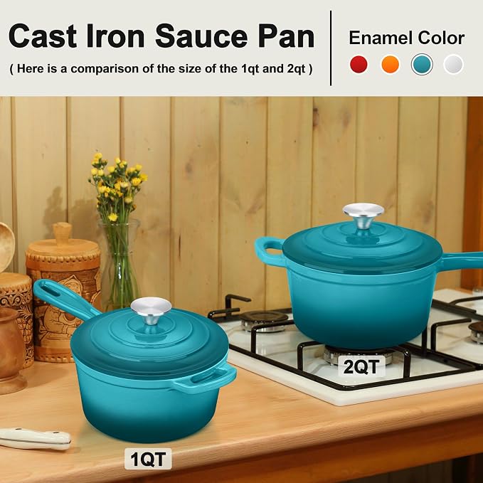 1 Qt & 2 Qt Sauce Pan Sets, Leonyo Enameled Cast Iron Sauce Pan - Image 6