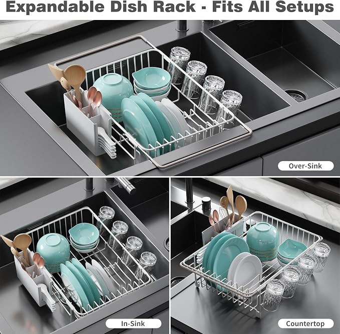 Dish Drying Rack in Sink: Expandable, 3-Slot Utensil Holder, Anti-Slip Handle. - Image 3
