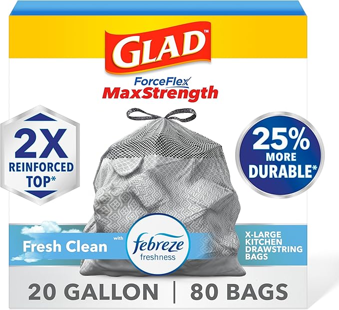 Glad ForceFlex MaxStrength XL Kitchen Trash Bags, 20 Gal, Fresh Clean, 80 Ct by GladTrashFoodStorage