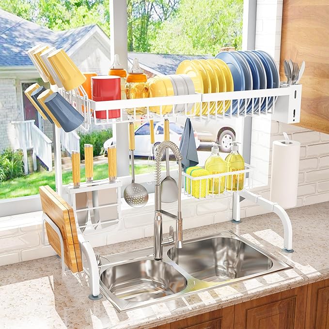 Over The Sink Dish Drying Rack, Adjustable 2 Tier Metal Steel Dish Drying Racks - Image 2