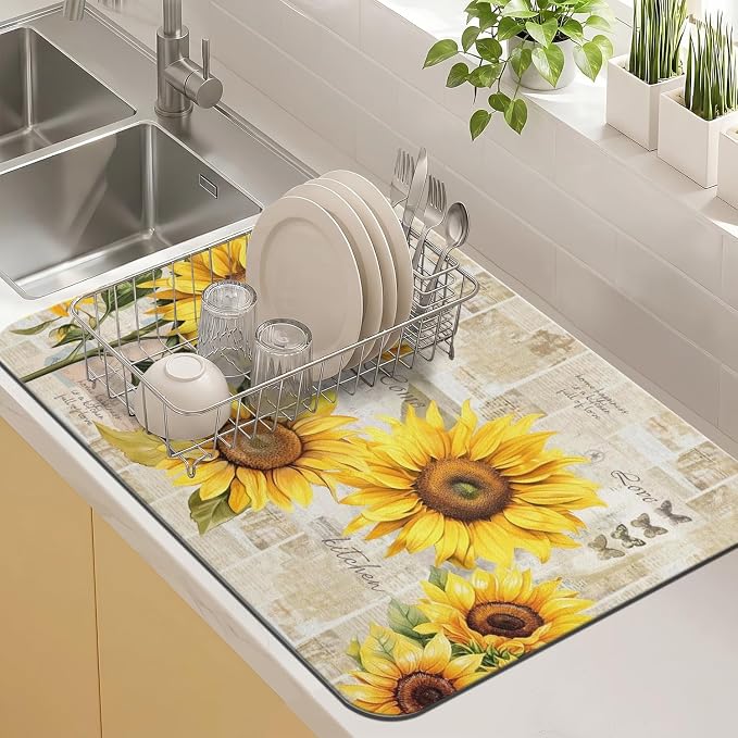 Kitchen Countertop Dish Drying Mat, Super Absorbent Coffee Bar Mat by Kuyig+Home