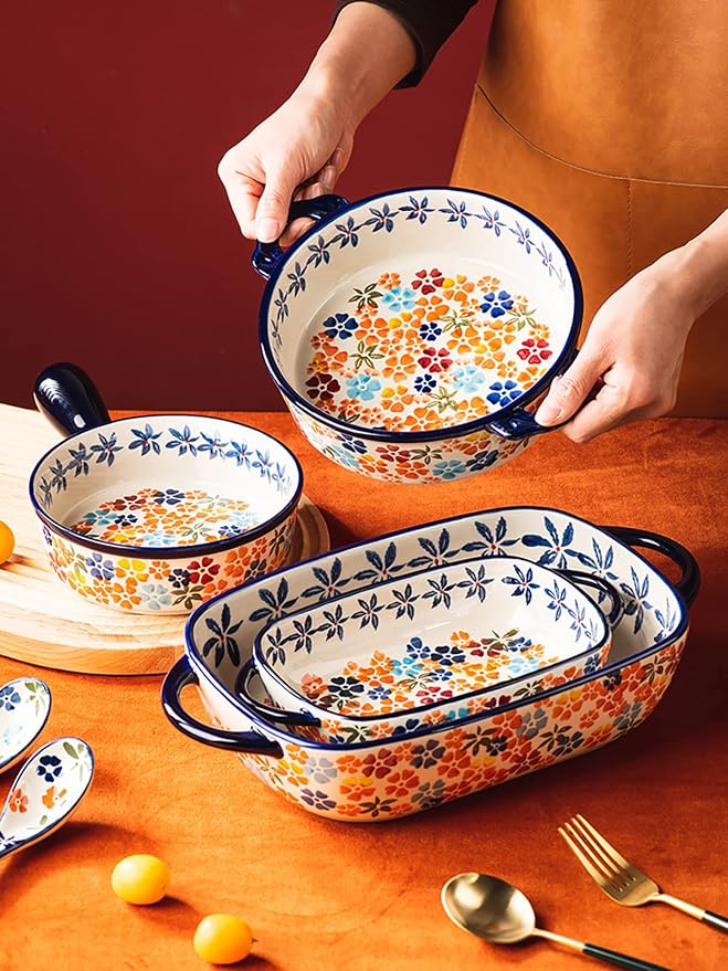 Colorful Cherry Blossom Flowers Vintage Style Ceramic Bakeware Dish Casserole - Image 5