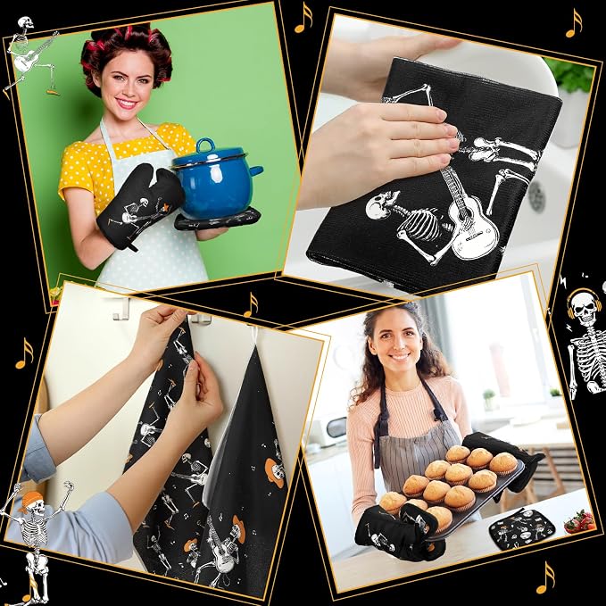 Leinuosen 8 Pcs Skull Kitchen Decor Set Kitchen Towels Gothic Oven Mitts and - Image 5