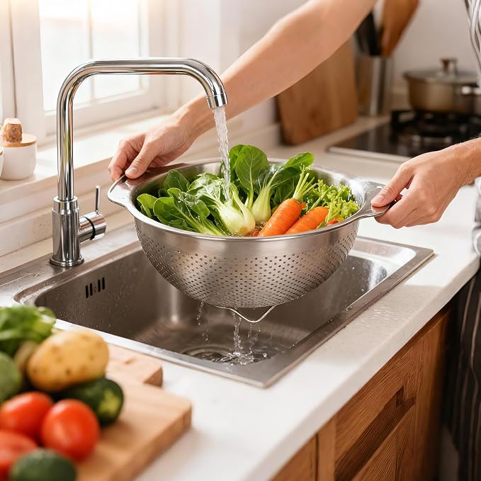 304 Stainless Steel Colander, 5 QT Large Capacity and 5QT Mixing Bowl, 2mm - Image 2