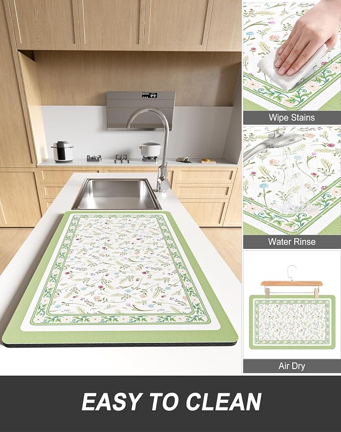 Rnivvi Dish Drying Mat for Kitchen Counter, 12 x 19" Cute Flower Theme Super - Image 6