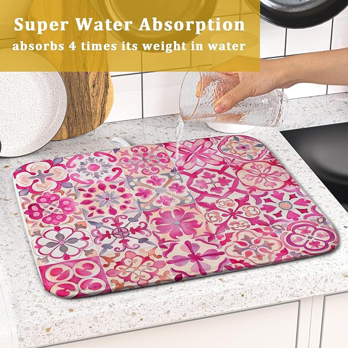 Pink Mexican Tiles Dish Drying Mat Absorbent Microfiber Dish Drying Pad - Image 7
