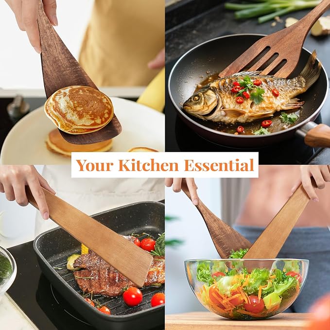 3Pcs Wooden Spatulas, Acacia Wood 12inch Long Handle Flat Frying Turner - Image 7