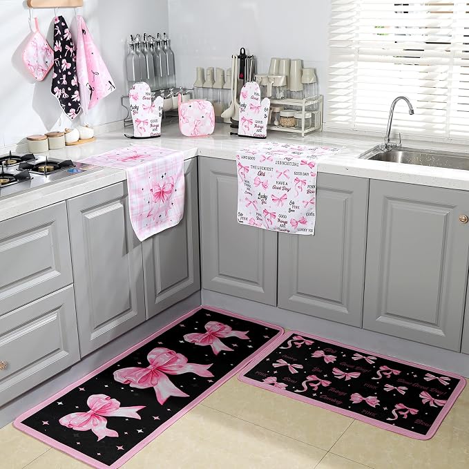Fourluoo 10 Pcs Bow Kitchen Dish Towels Rugs Oven Mitts and Pot Holders Set - Image 4