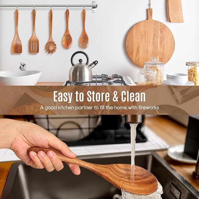 5 PCS Wooden Spoons for Cooking Natural Teak Kitchen Utensils Set Smooth - Image 4