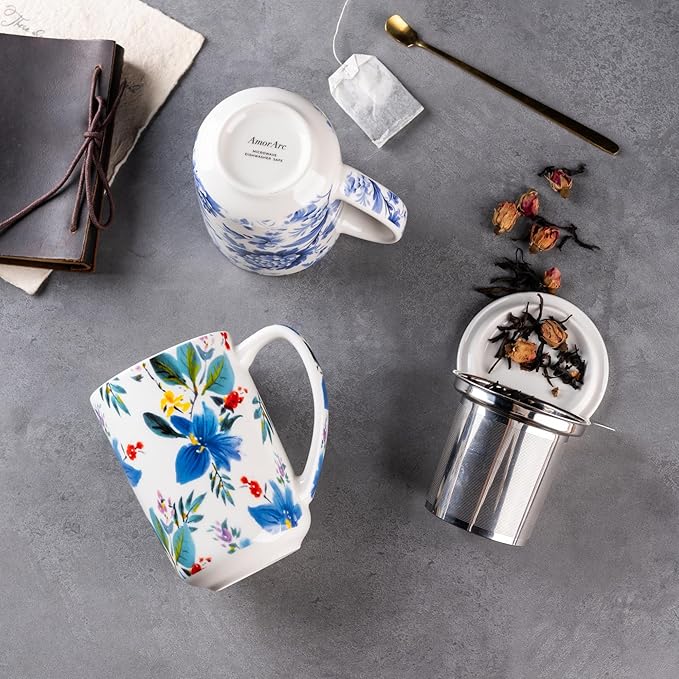 AmorArc Porcelain Tea Mug with Infuser and Lids, 18 Oz Coffee Cup Strainer with - Image 5