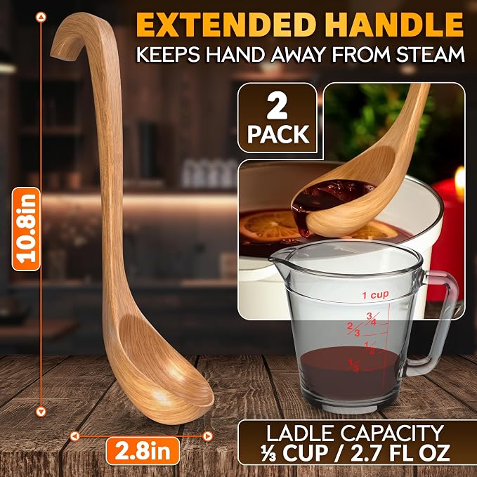 2 Pcs Wooden Ladle for Soup – 10.8×2.8" Bamboo Soup Ladle for Stews and Sauces - Image 2