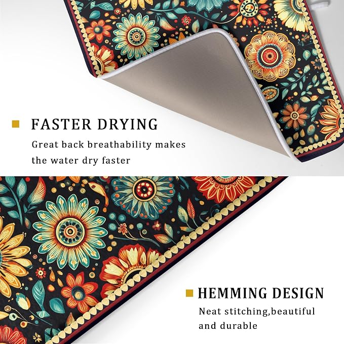 Boho Floral Dish Drying Mat for Kitchen Counter Absorbent Microfiber Flowers - Image 3