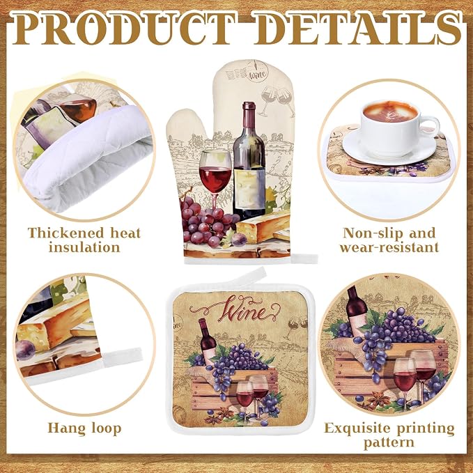 Fourluoo 10 Pcs Wine Kitchen Dish Towels Rugs Oven Mitts and Pot Holders Set - Image 5