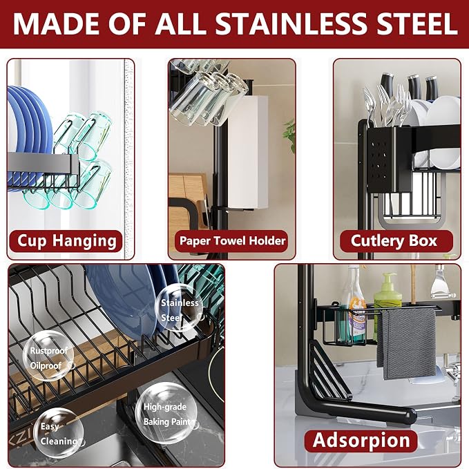 VNKZI Over Sink Dish Drying Rack, 2 Tier Full Stainless Steel Storage - Image 3