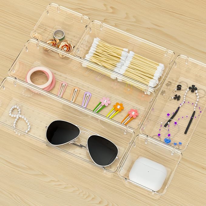 WOWBOX 12 Pack Clear Drawer Organizer Set, Acrylic Drawer Storage Trays - Image 7