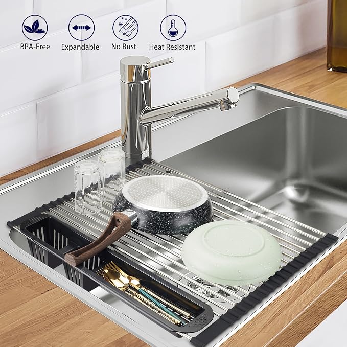 Roll Up Dish Drying Rack, Expandable Over The Sink Dish Drainer, Stainless - Image 4