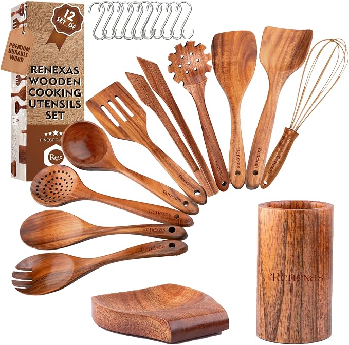 12-Piece Teak Wooden Kitchen Utensil Set – Nonstick Safe Cooking Spoons & by Renexas