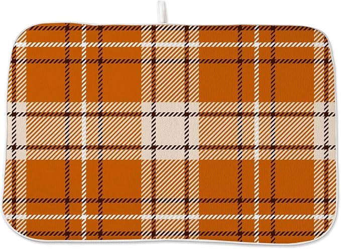Fall Dish Drying Mat 18 x 24 inch Autumn Orange Buffalo Plaid Themed Decorative by AEIOAE