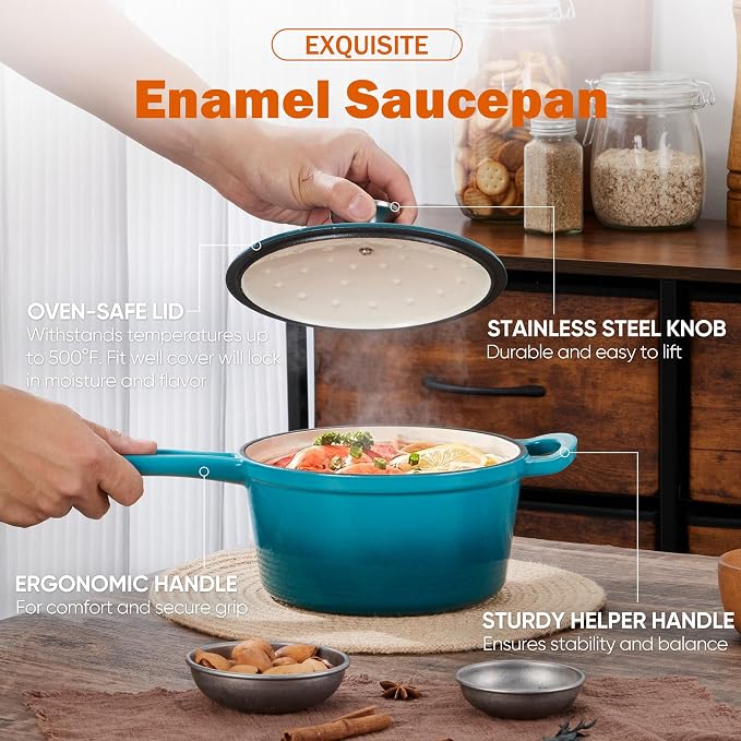 Homikit Cast Iron Sauce Pan, 2 Quart Enameled Cast Iron Saucepan - Image 3