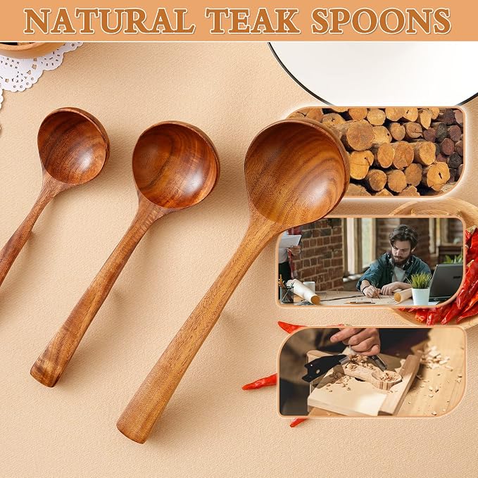 3Pcs Wooden Ladle for Soup, 3Size Natural Teak Wooden Cooking Spoons, Wood Soup - Image 3