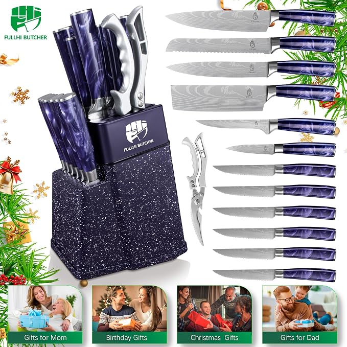 FULLHI 14pcs Block Knife Set, Chef's Knife Steak Knives Set - Image 8