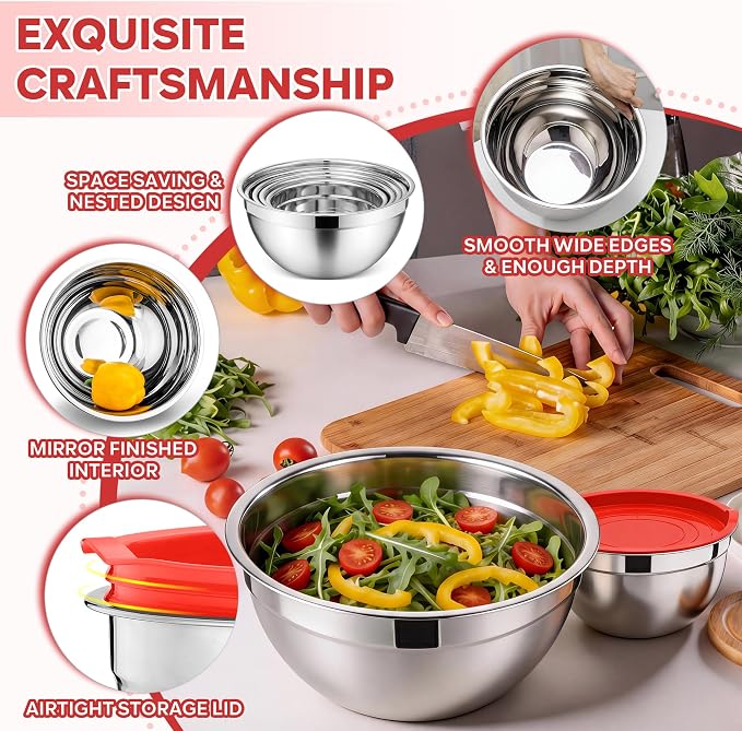 E-far Mixing Bowls With Lids Sets of 5, 10-Piece Stainless Steel Salad Metal - Image 3