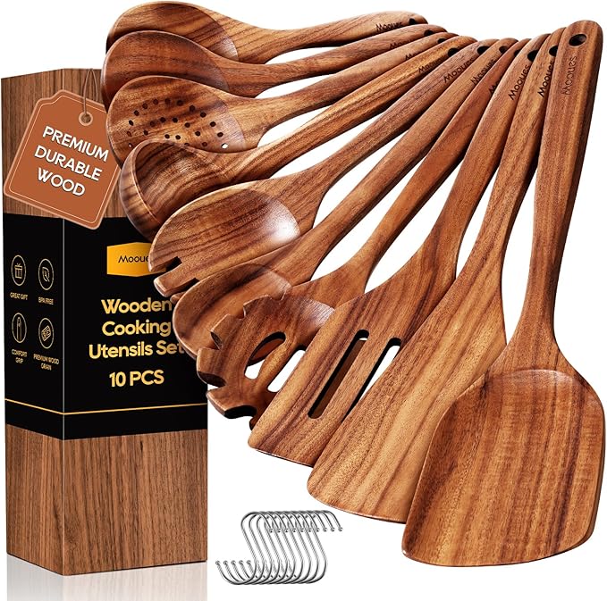 Wooden Spoons for Cooking, Comfortable Grip, Heat Resistant Kitchen Utensils by Mooues
