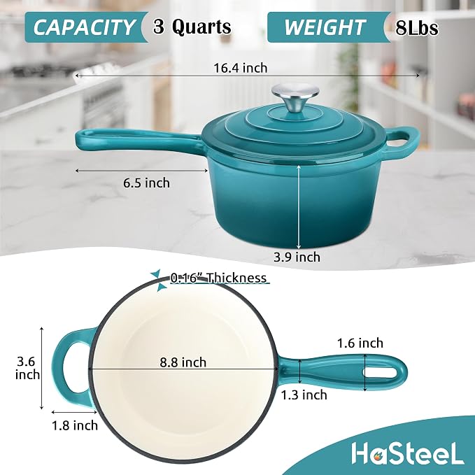 HaSteeL 3 QT Cast Iron Saucepan, Enamel dutch oven - Image 2