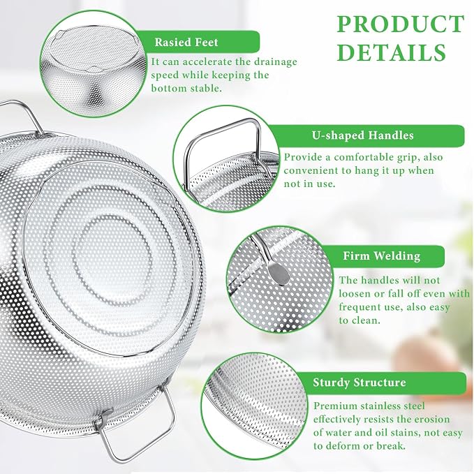 Colander Set of 3, Stainless Steel Micro-Perforated Colanders Strainers - Image 5