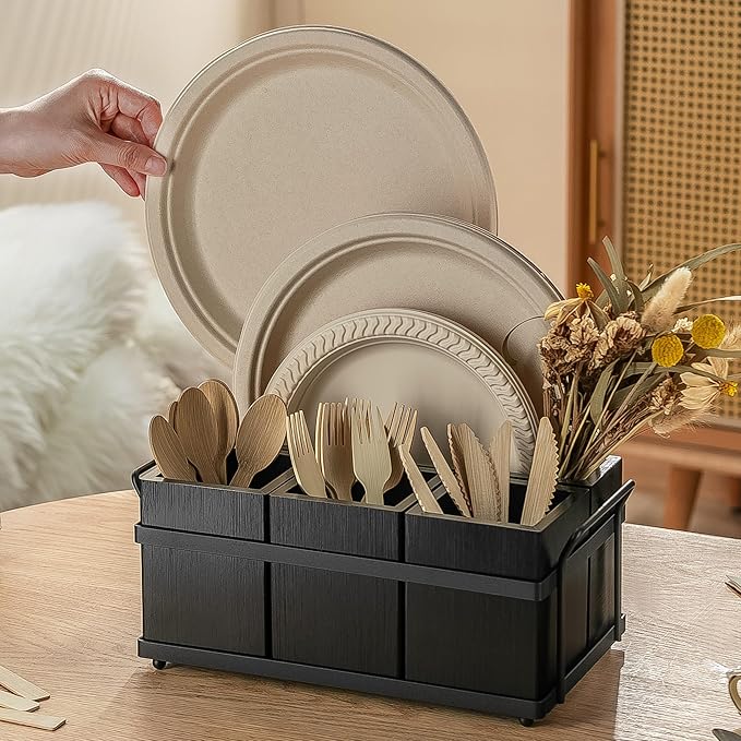 PTSTING Silverware Caddy Black Wood Silverware Holder Paper Plate Dispenser - Image 2