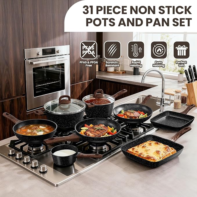 Pots and Pans Set Non Stick, 31 Piece Kitchen Induction Cookware & Bakeware Set - Image 5