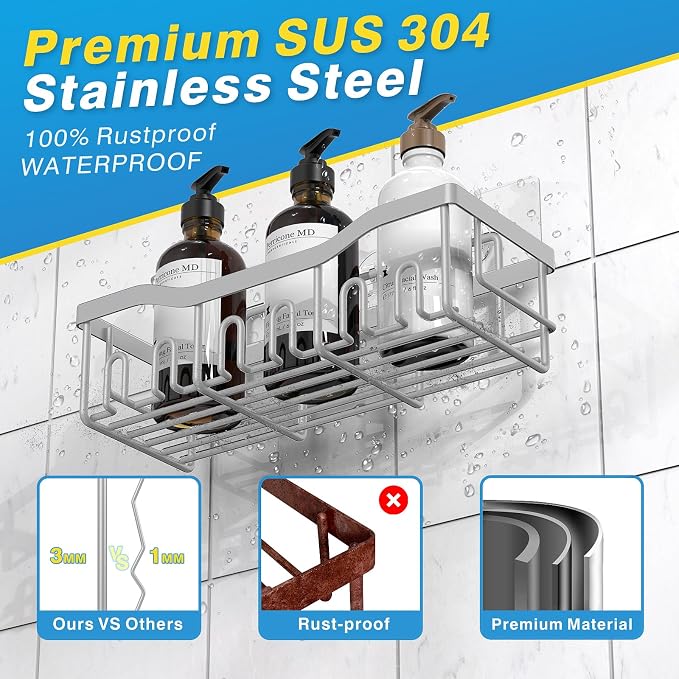 EUDELE 5-Pack Rustproof Stainless Steel Shower Caddy Set– No Drill Adhesive - Image 5
