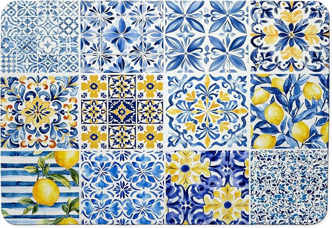 Mediterranean Tiles Dish Drying Mat, Vintage Azulejo Absorbent Dish Drying Mats by Unknown