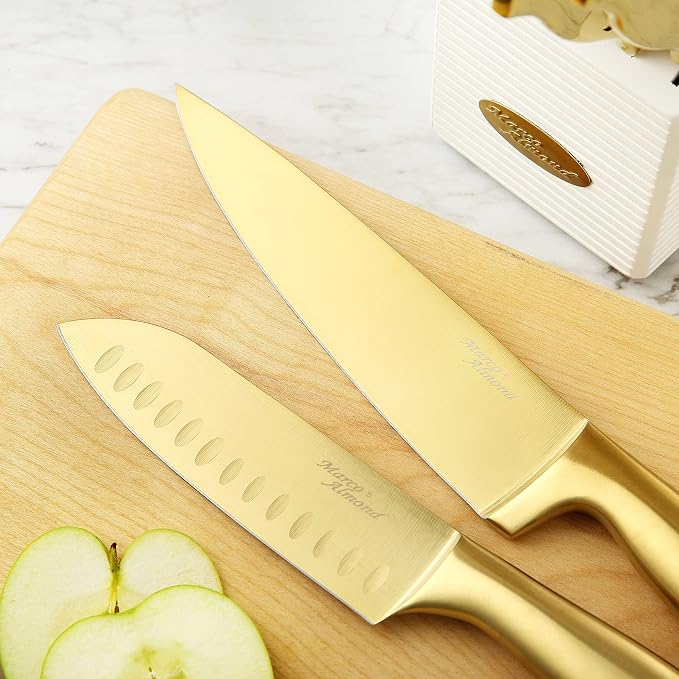 Marco Almond® Gold Knife Set, Knife Block Set MA21, Titanium Coated 14 Pieces - Image 3
