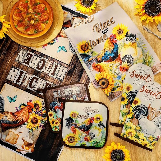 Leinuosen 6 Rooster Sunflower Farmhouse Kitchen Decor Dish Towels Oven Mitts - Image 4
