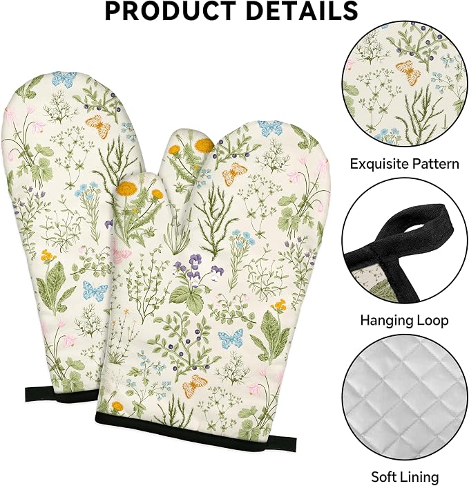 Vintage Wild Floral Oven Mitts and Pot Holders Sets Green Botanical Butterfly - Image 3