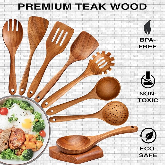 9-Piece Teak Wooden Utensil Set – Wooden Spoons - Image 3