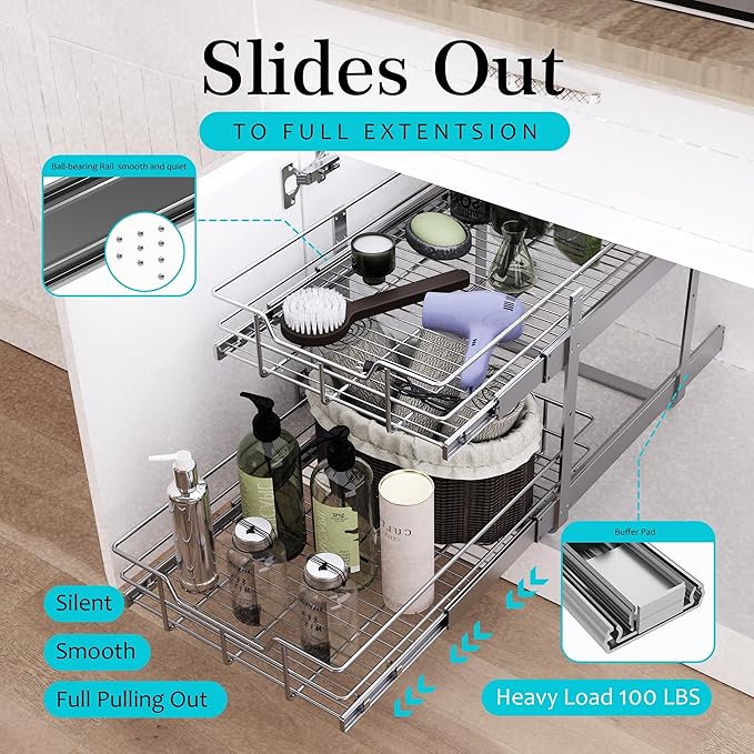 2 Tier Pull Out Cabinet Organizer 14" W X 22" D, Slide Out Drawers - Image 3