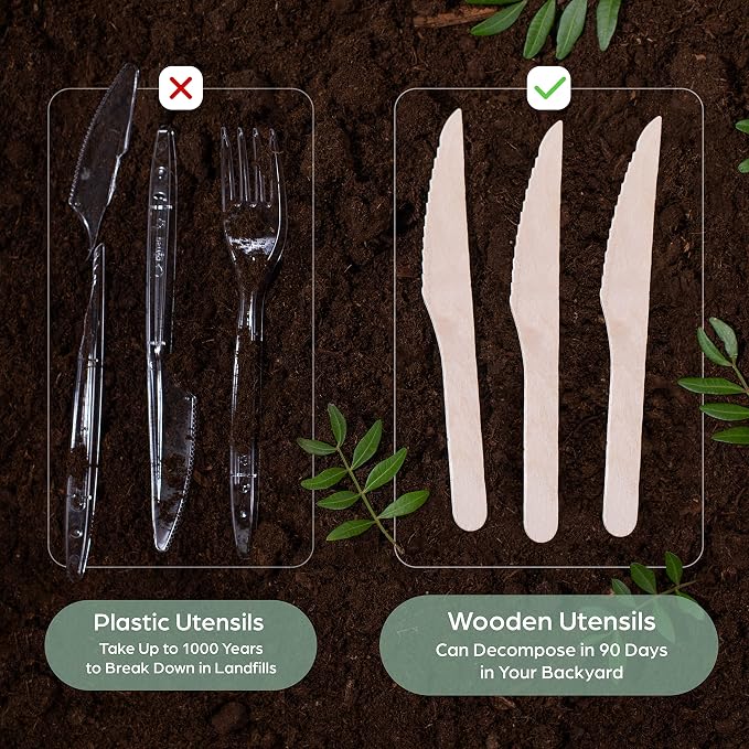 PURPLECLAY Wooden Knives Disposable – 300 Piece Wood Compostable Knives - Image 3