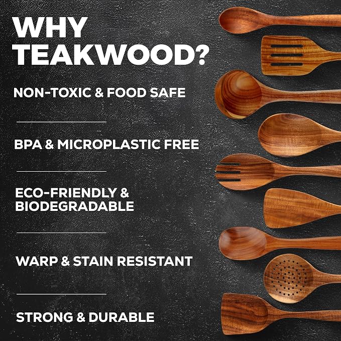 Zulay Kitchen 15-Piece Teak Wooden Utensils - Image 4