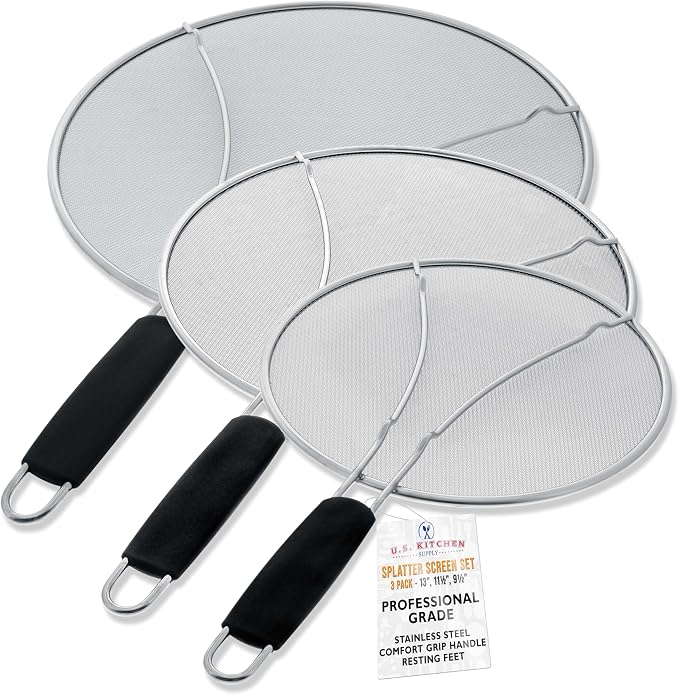 U.S. Kitchen Supply 3-Piece Stainless Steel Splatter Guard Set Fine Mesh Cover by USKitchenSupply