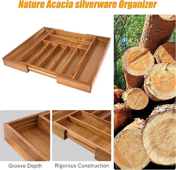 Bellsal Large Premium Acacia Wood Silverware Organizer - Image 4