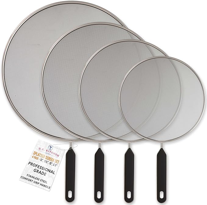 U.S. Kitchen Supply 4-Piece Stainless Steel Splatter Guard Set Fine Mesh Cover by USKitchenSupply