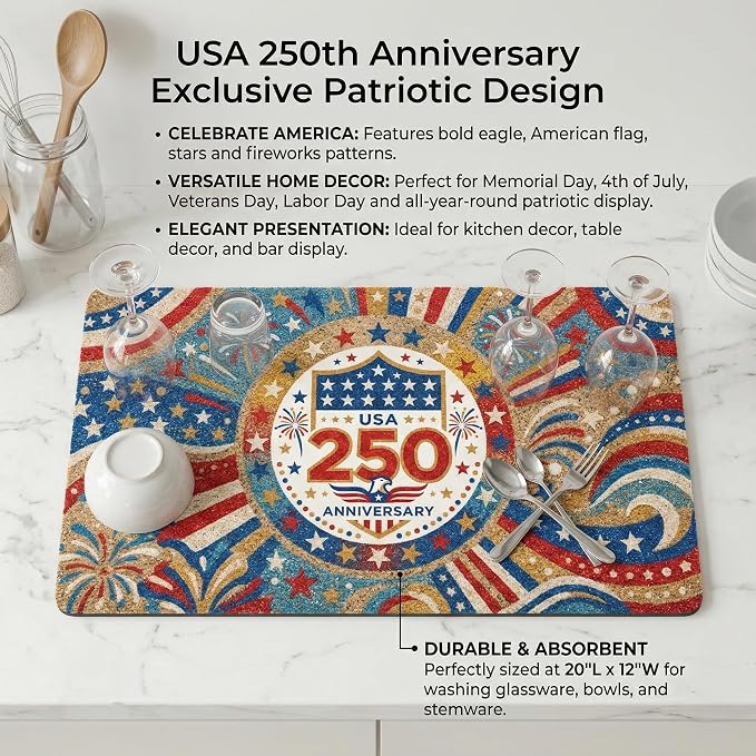 250th Anniversary USA Patriotic Dish Drying Mat 12x20 Absorbent Non-Slip - Image 3